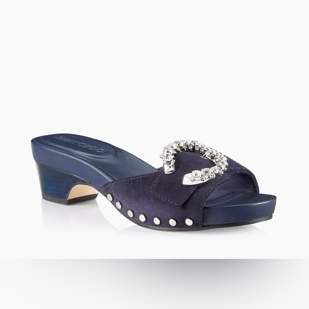 Jimmy Choo - NIB $795 | Arlia Suede Crystal Buckle Casual Wedge Sandals - Navy